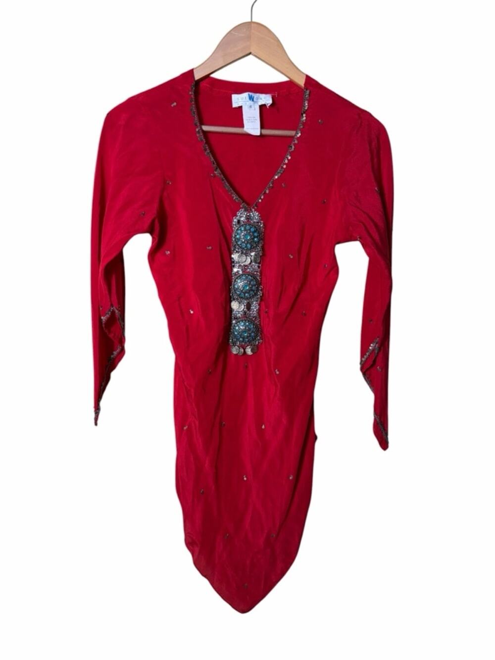 Vintage Sue Wong 100% Silk Embellished Tunic Top Ruby Red Size 6
